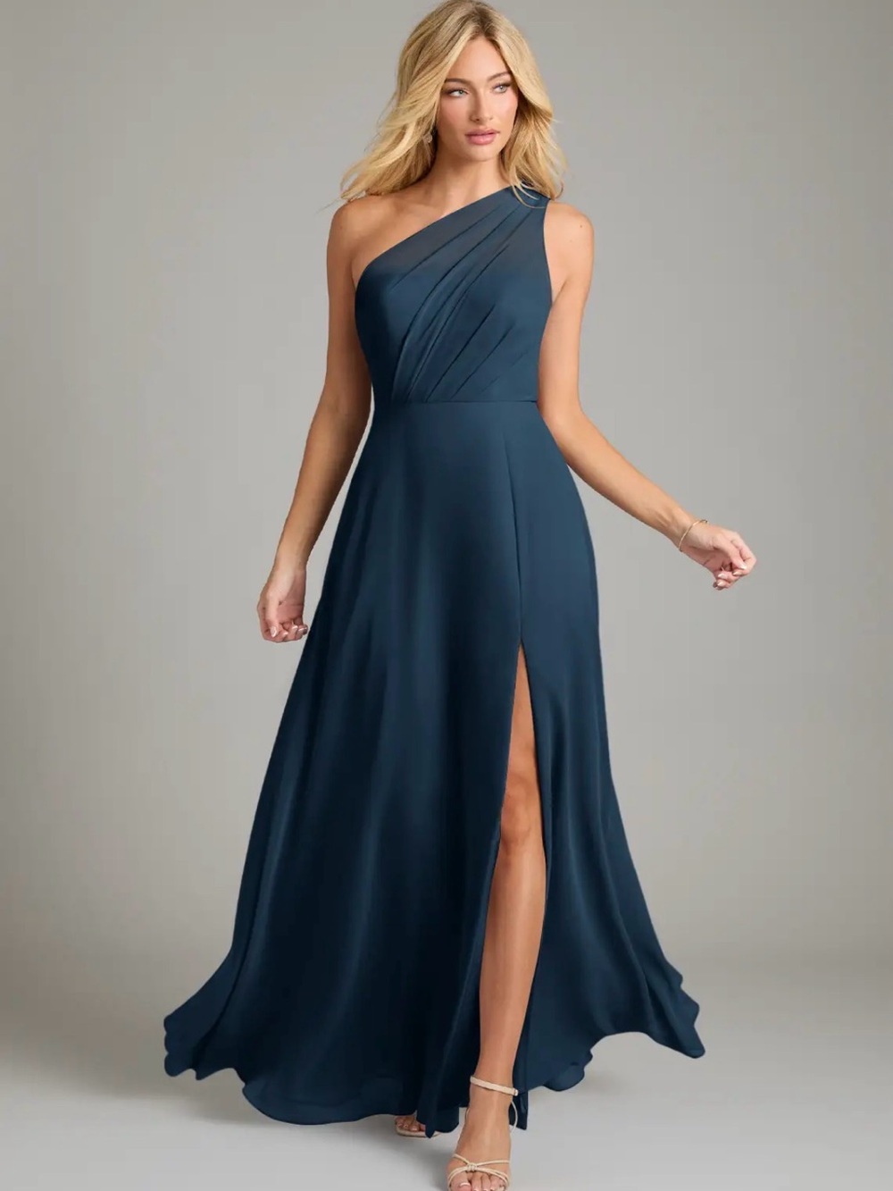Azazie Women's Phaedra Dark Navy A-Line One Shoulder Chiffon Dress Formal Gala 8